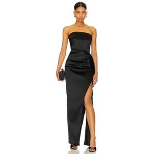 Nicholas Erelyn Black Satin Gown Strapless Dress Side Slit Boned Bodice Sz 2 US